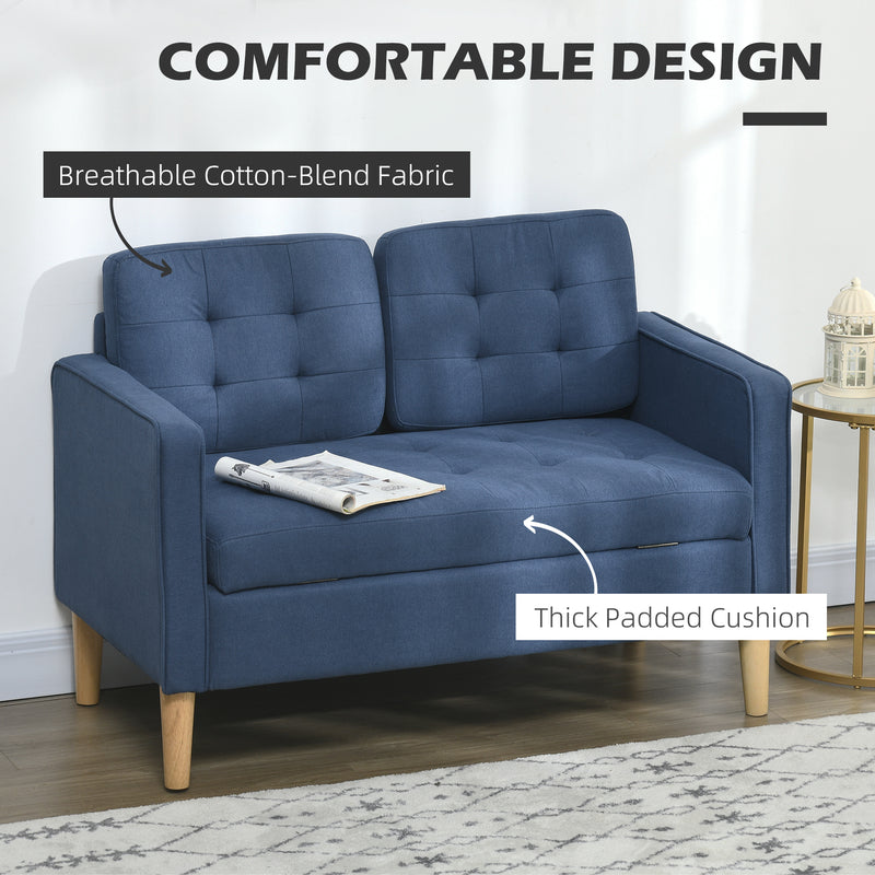 Compact 2 Seater Loveseat Sofa with Hidden Storage and Wood Legs for Small Spaces Blue