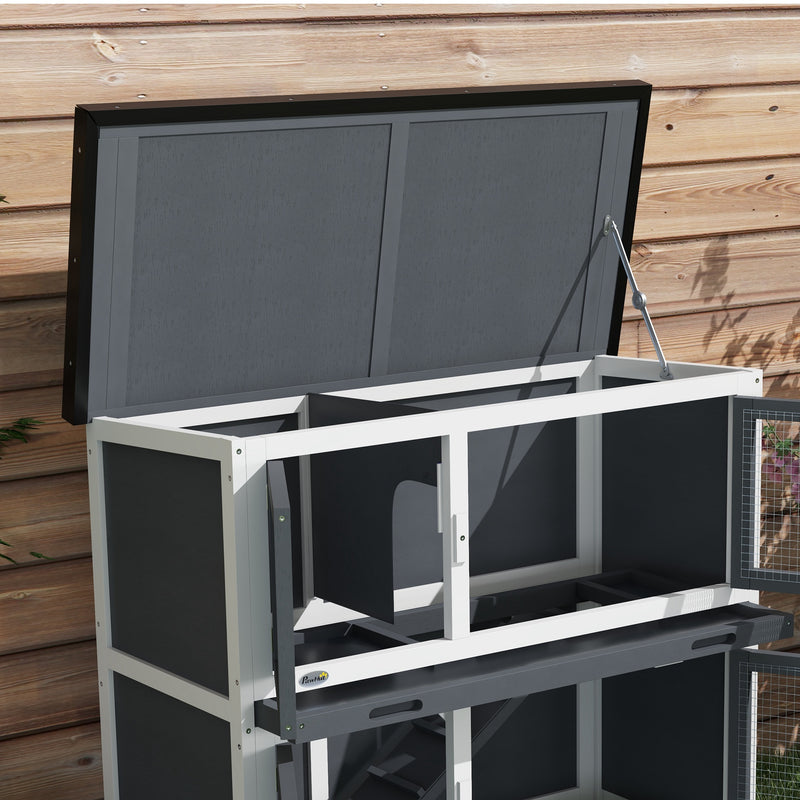 Two Tier Wooden Rabbit Hutch With Slide Out Tray For Outdoor Use, Grey