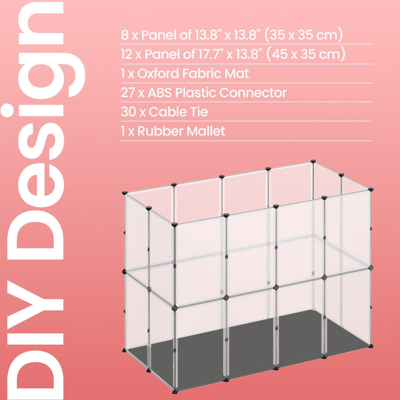 DIY design panel breakdown showing the 8 small panels, 12 large panels, mat, connectors and mallet included
