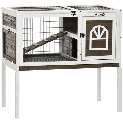 Small animal hutch in brown and white with a wire run, wooden door and raised white legs