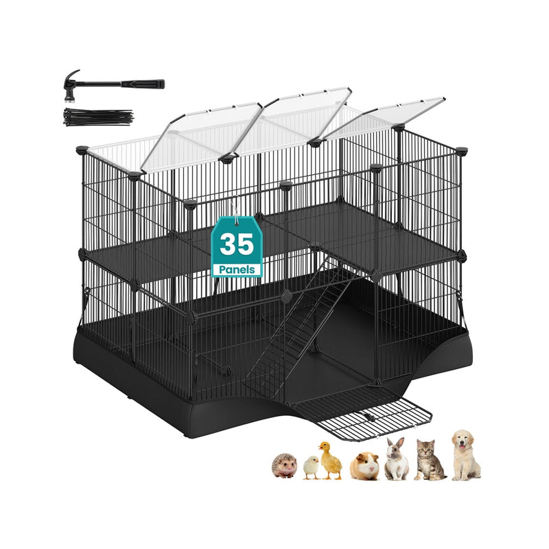 Studio shot of the 2-tier SONGMICS small animal playpen with internal ramp, clear roof panels and a 35 Panels badge.