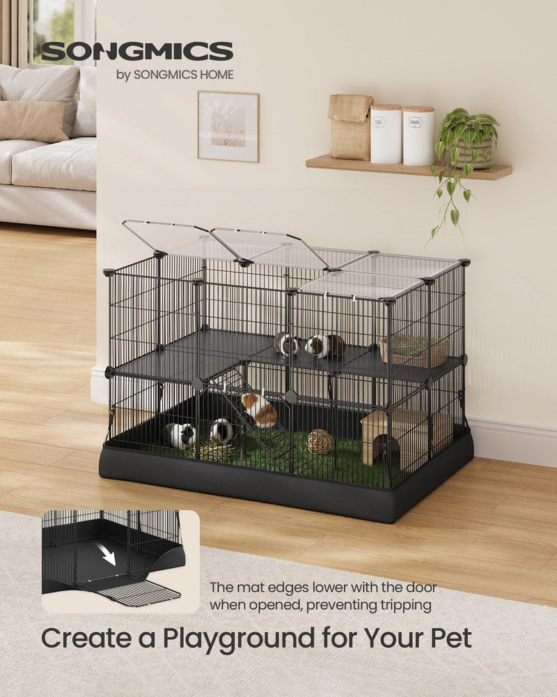 Lifestyle shot of the 2-tier playpen with a bed on the upper level and guinea pigs on turf bedding on both levels, linked by a ramp.