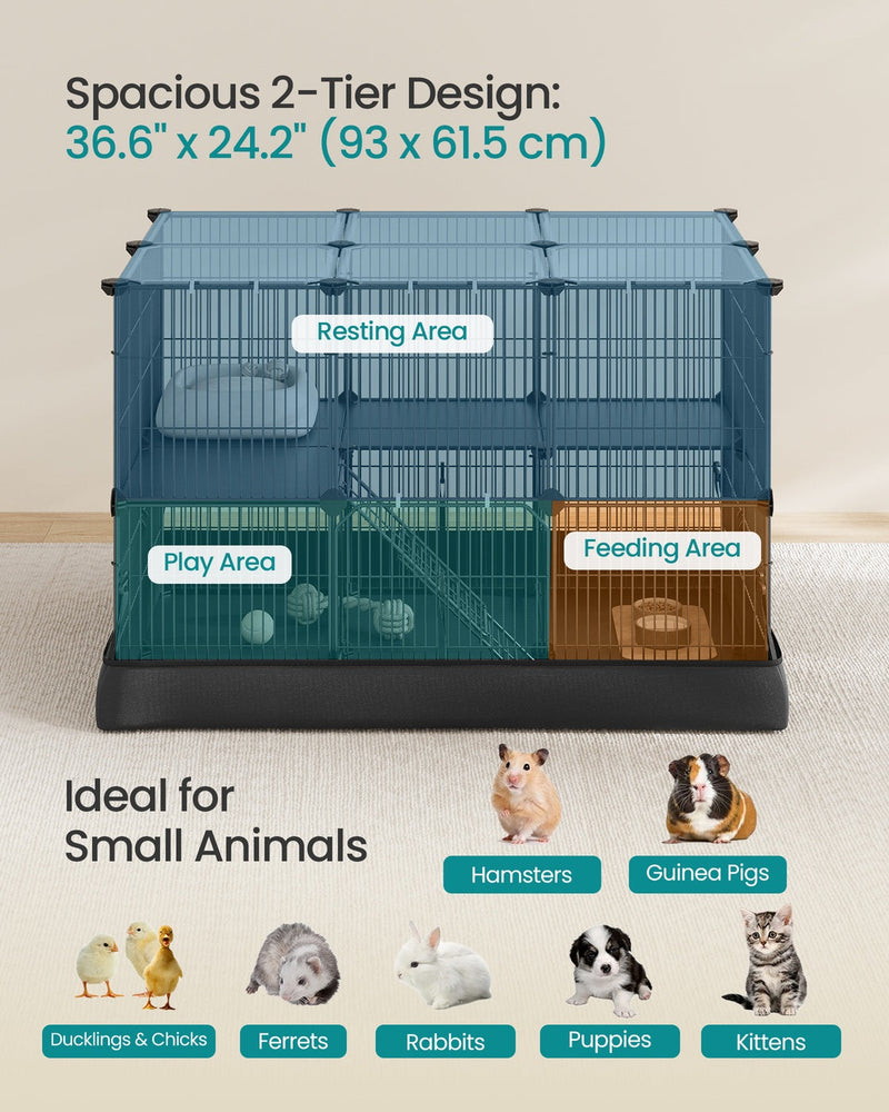 Zone diagram of the 93 x 61.5cm two-tier footprint showing the upper resting area and lower play and feeding area.