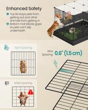 Safety graphic comparing the playpen's clear upper-tier lid and wire spacing against a wider gap to show how it keeps small pets contained.
