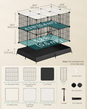Labelled dimensions diagram showing the 2-tier playpen at 93 x 63 x 61.5cm with per-tier floor areas and the 35-piece parts breakdown.