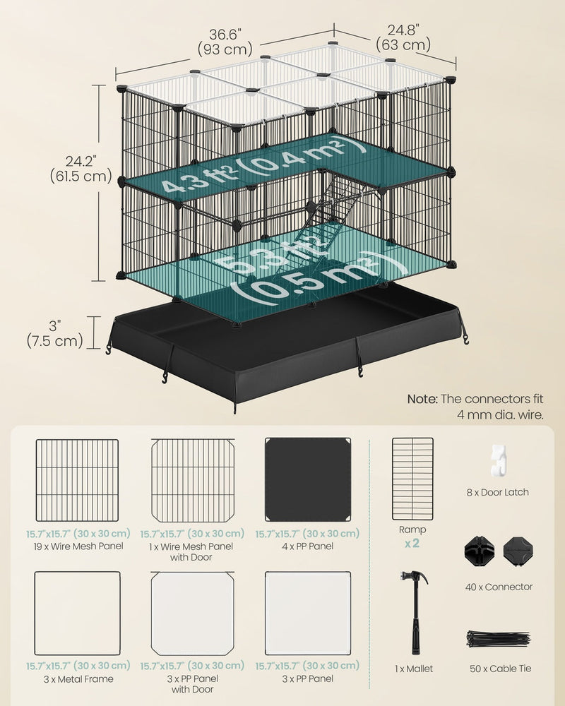 Labelled dimensions diagram showing the 2-tier playpen at 93 x 63 x 61.5cm with per-tier floor areas and the 35-piece parts breakdown.