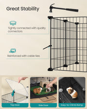 Demonstration of the top door lifted, side door hand-feeding, and a guinea pig climbing the ramp between tiers.