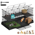 Two-tier black small animal playpen with a clear roof, ramp, grass mat and guinea pigs inside