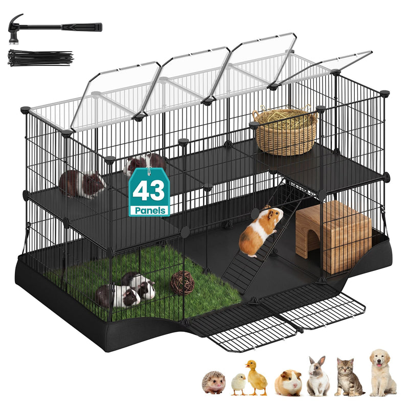 Two-tier black small animal playpen with a clear roof, ramp, grass mat and guinea pigs inside