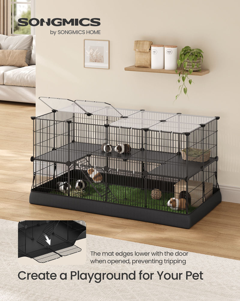 Black playpen in a living room with guinea pigs on the upper level and the mat edge lowering at the open door