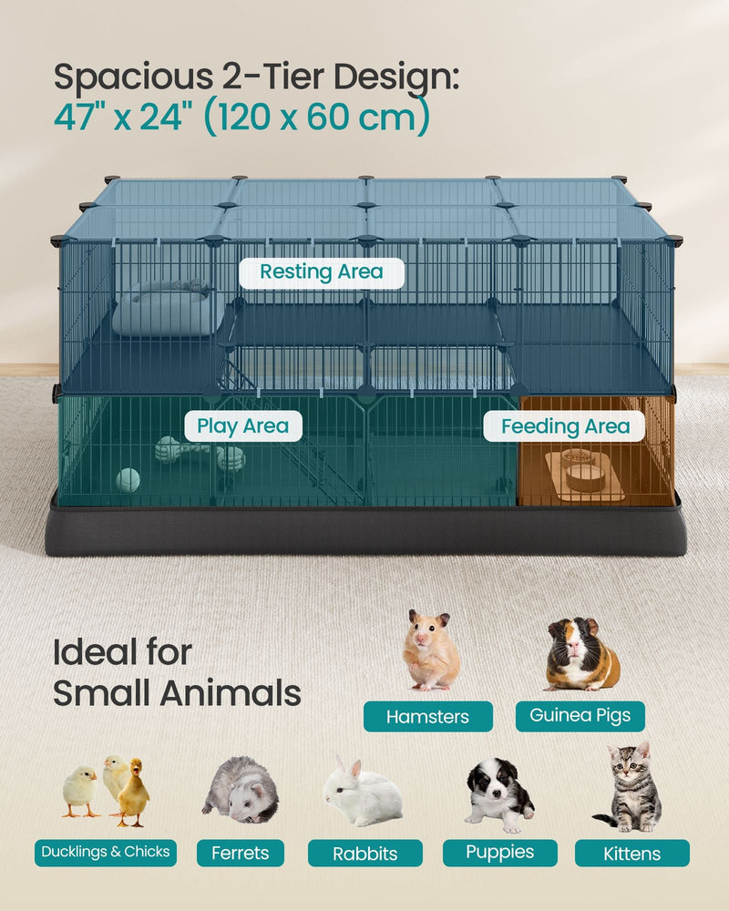Diagram of the 120 x 60 cm two-tier playpen with resting, play and feeding areas and suitable small animals