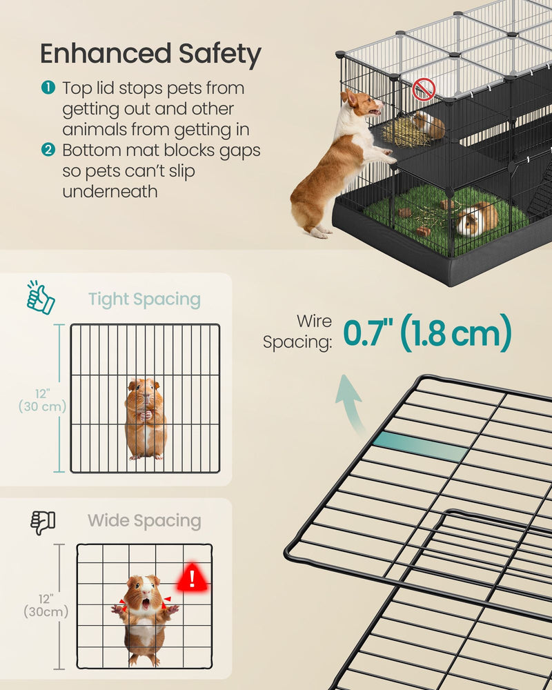 Safety details showing the top lid, bottom mat and 1.8 cm wire spacing compared with wide spacing