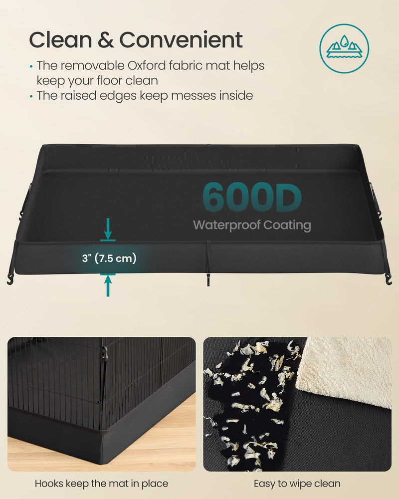 Removable black Oxford fabric mat with 7.5 cm raised edges, waterproof coating and hooks