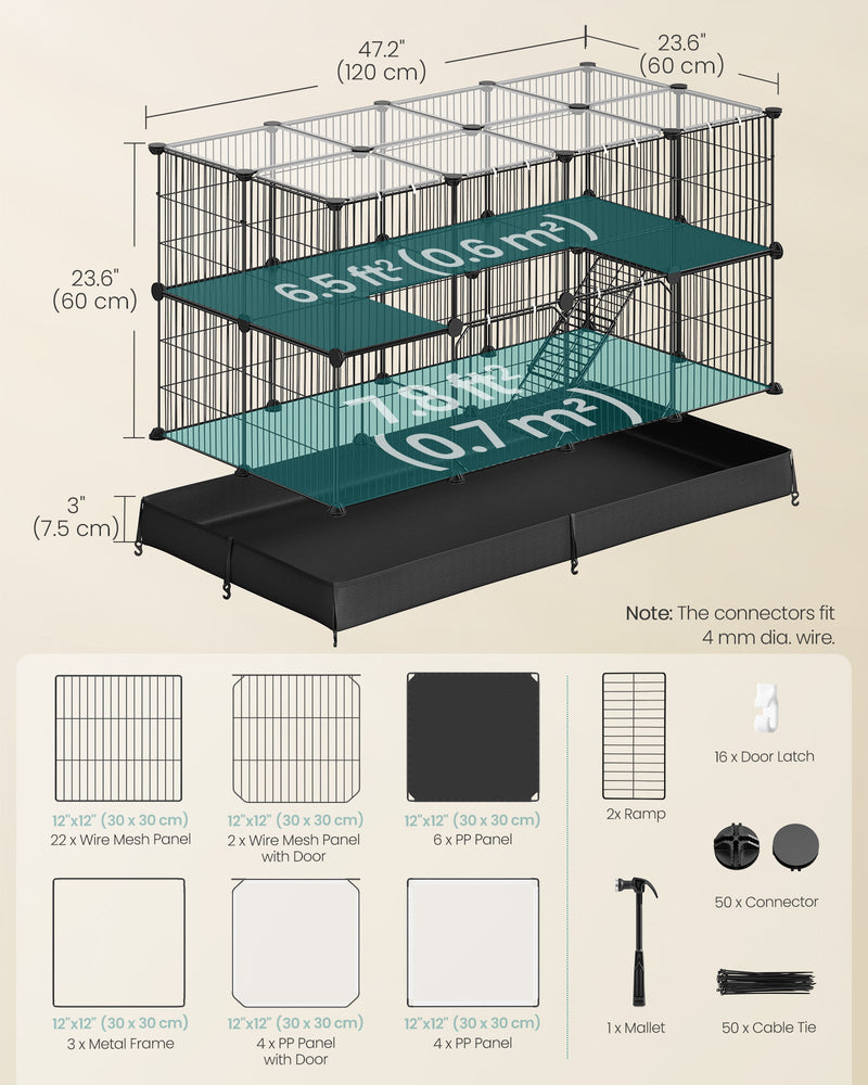 Dimensions diagram showing 120 x 60 x 60 cm, floor areas and a list of panels and parts included