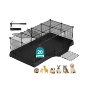 Studio shot of the 20-panel SONGMICS small animal playpen with a mallet, cable ties and species icons for rabbits and guinea pigs.