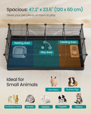Zone diagram of the 120 x 60cm usable floor area marked into resting, play and feeding zones.