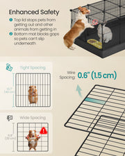 Safety graphic comparing the playpen's 1.5cm wire spacing against a wider 30cm gap to show how it keeps small pets contained.