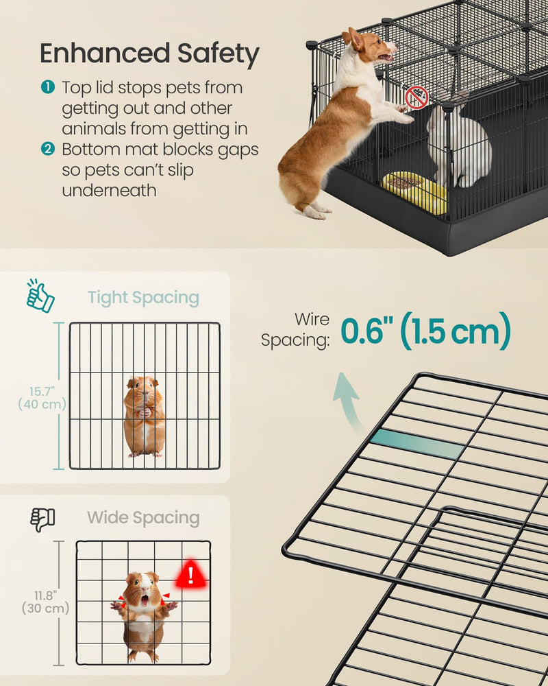 Safety graphic comparing the playpen's 1.5cm wire spacing against a wider 30cm gap to show how it keeps small pets contained.