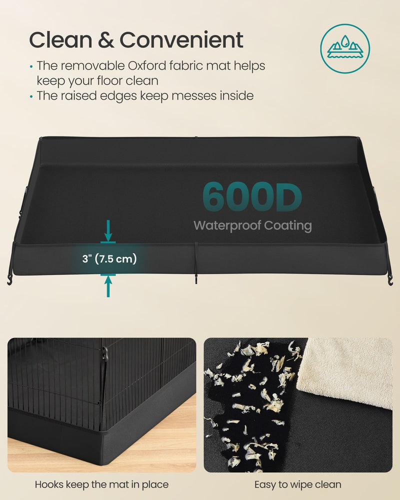 Close-up of the waterproof 600D Oxford mat with a 7.5cm raised edge, shown being wiped clean.