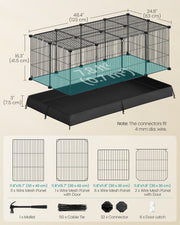 Labelled dimensions diagram showing the single-tier playpen at 123 x 63 x 41.5cm with its 20-panel parts breakdown.