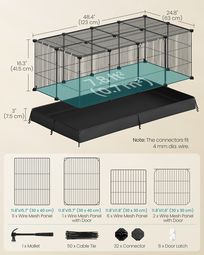 Labelled dimensions diagram showing the single-tier playpen at 123 x 63 x 41.5cm with its 20-panel parts breakdown.