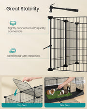Demonstration of the playpen's top door lifted open and side door opened with guinea pigs inside.