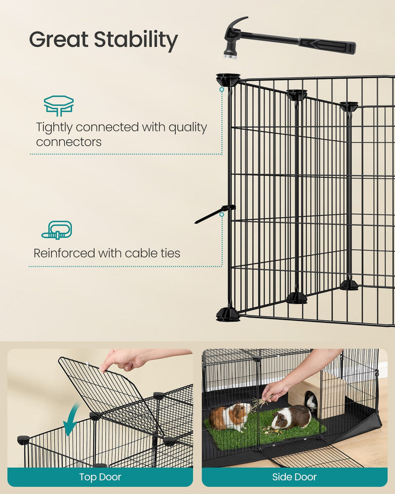 Demonstration of the playpen's top door lifted open and side door opened with guinea pigs inside.