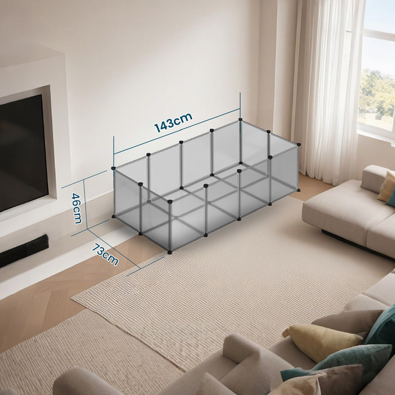 Small animal playpen shown assembled in a living room lifestyle setting