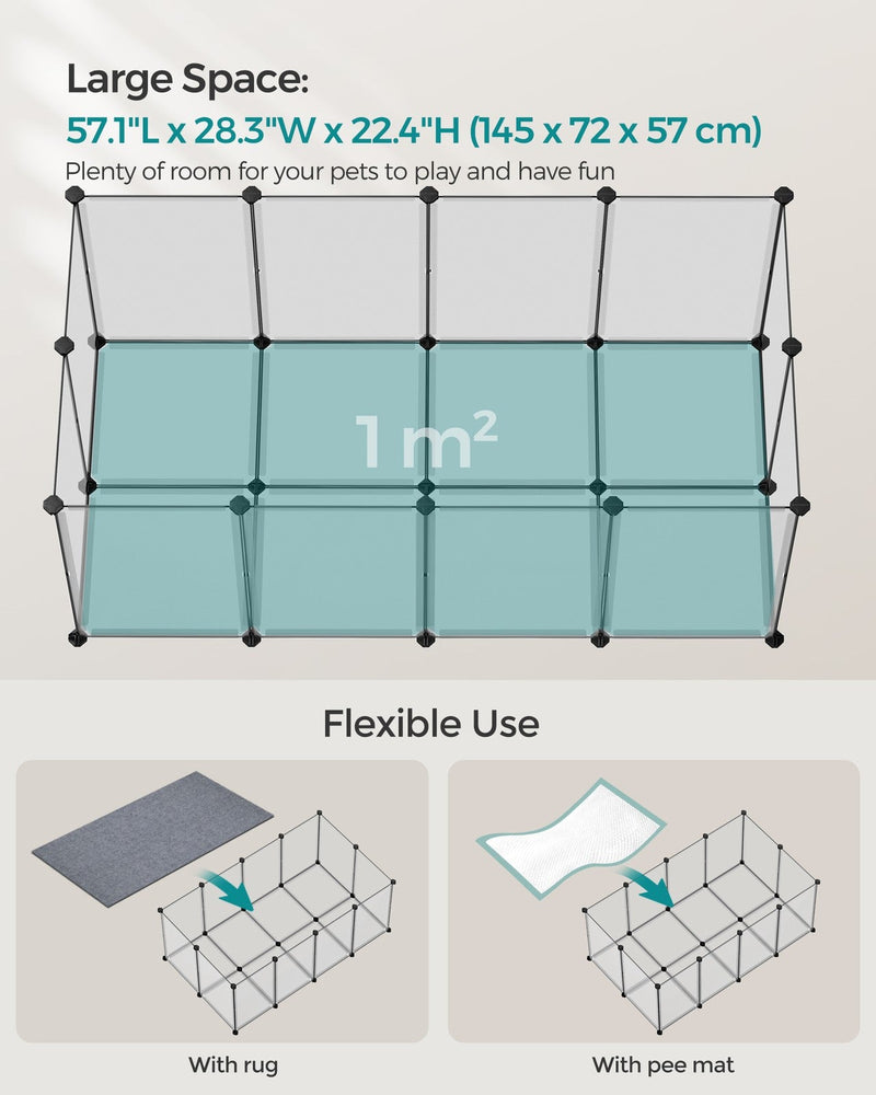 Panel giving the 145 x 72 x 57 cm size and 1 square metre floor area, with rug and pee mat layouts