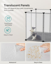 Rabbit inside the playpen behind translucent panels, with water and bedding wiped off the surface