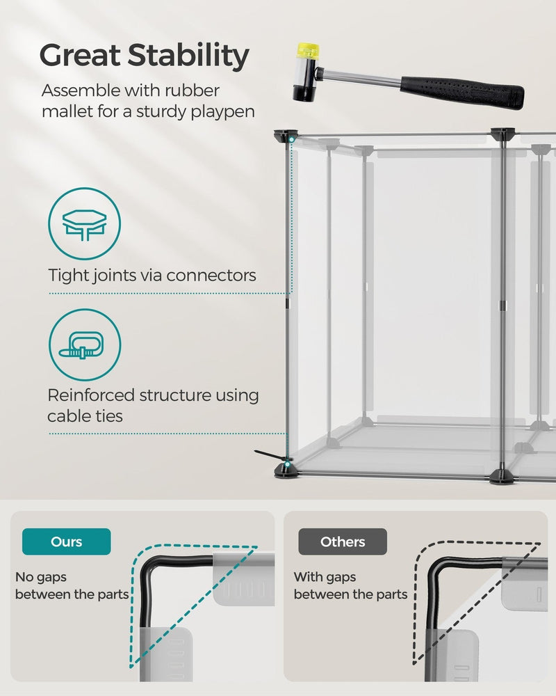 Assembly panel showing the rubber mallet, plastic connectors and cable ties that tighten the joints
