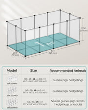 Dimensions diagram of the playpen at 145 x 72 x 57 cm above a table comparing three playpen models