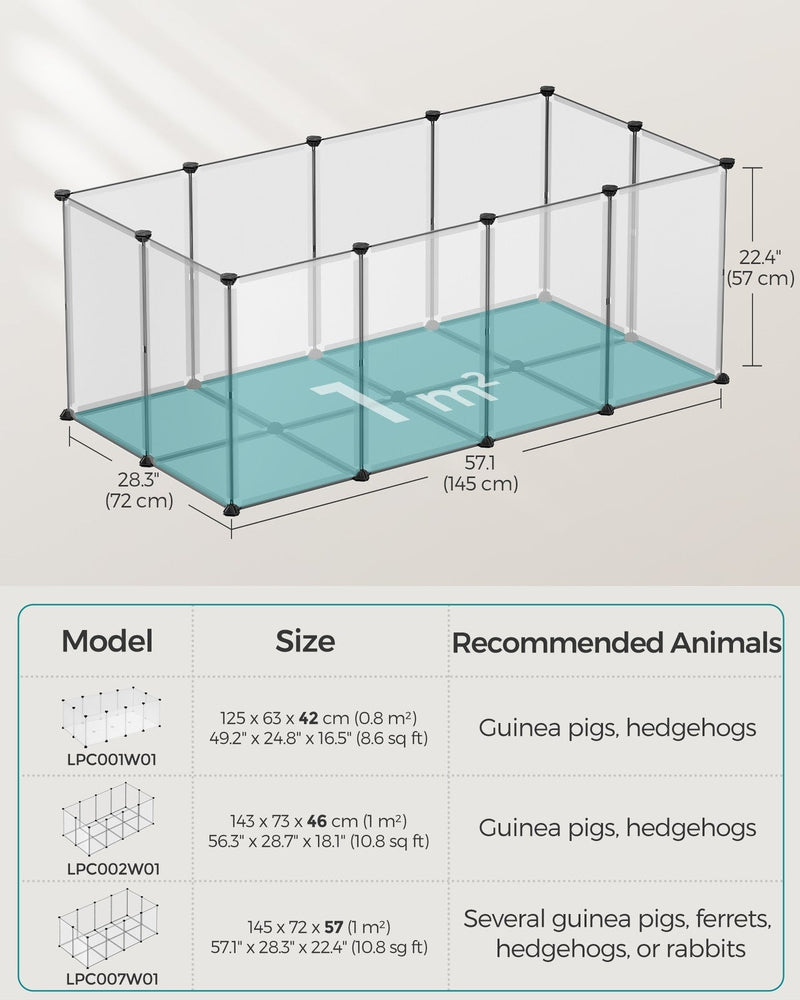 Dimensions diagram of the playpen at 145 x 72 x 57 cm above a table comparing three playpen models