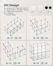 Packing list of 12 wall panels, 8 floor panels, 27 connectors, 30 cable ties and one rubber mallet, with alternative layouts