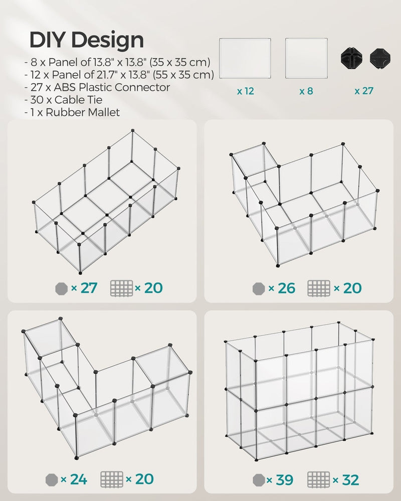 Packing list of 12 wall panels, 8 floor panels, 27 connectors, 30 cable ties and one rubber mallet, with alternative layouts