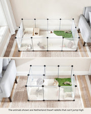 Songmics small animals playpen in a living room, shown as one large pen and as a divided pen with rabbits