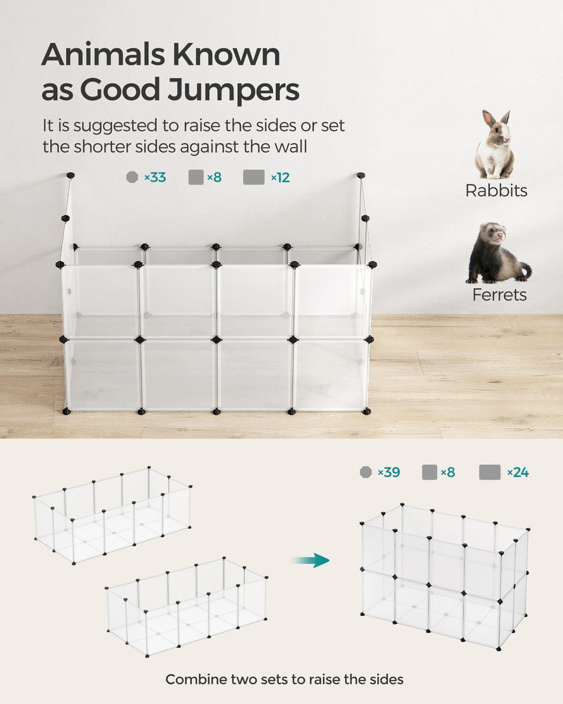 Raised-side layouts for rabbits and ferrets, and two sets joined into one taller pen