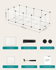Dimension diagram showing the playpen at 143 x 73 x 46 cm alongside its panel and connector parts list