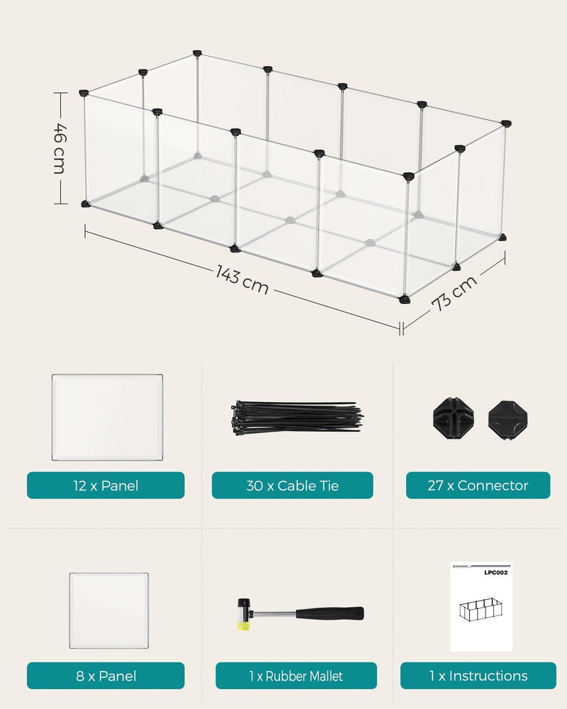 Dimension diagram showing the playpen at 143 x 73 x 46 cm alongside its panel and connector parts list