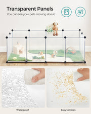 Clear-panel playpen holding guinea pigs on grass mats, with waterproof and easy-to-clean close-ups