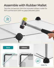 Rubber mallet tapping a connector onto a white panel, with cable tie and corner fixing detail