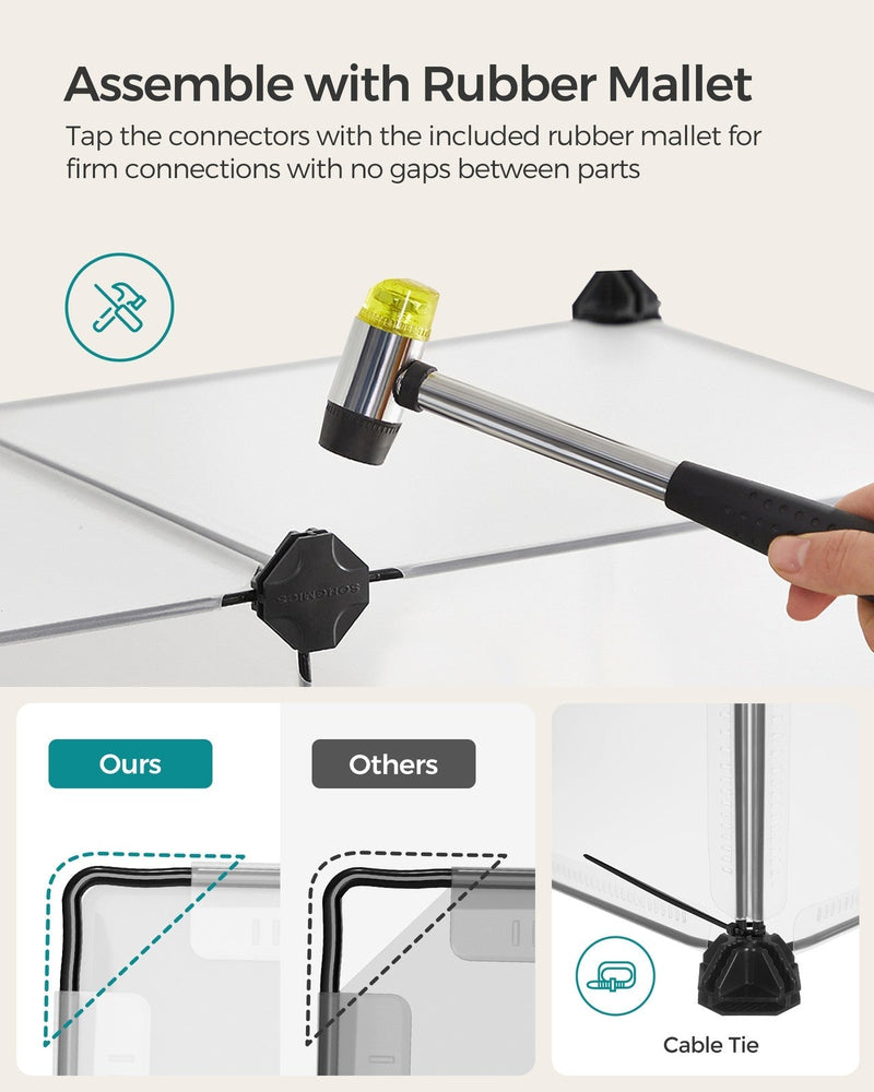 Rubber mallet tapping a connector onto a white panel, with cable tie and corner fixing detail