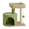 Grass green Feandrea cat tree with round condo, camel brown top bed and sisal post on a white background