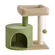 Grass green Feandrea cat tree with round condo, camel brown top bed and sisal post on a white background