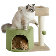 Long-haired cat standing on the top bed while a ginger cat sleeps inside the green condo