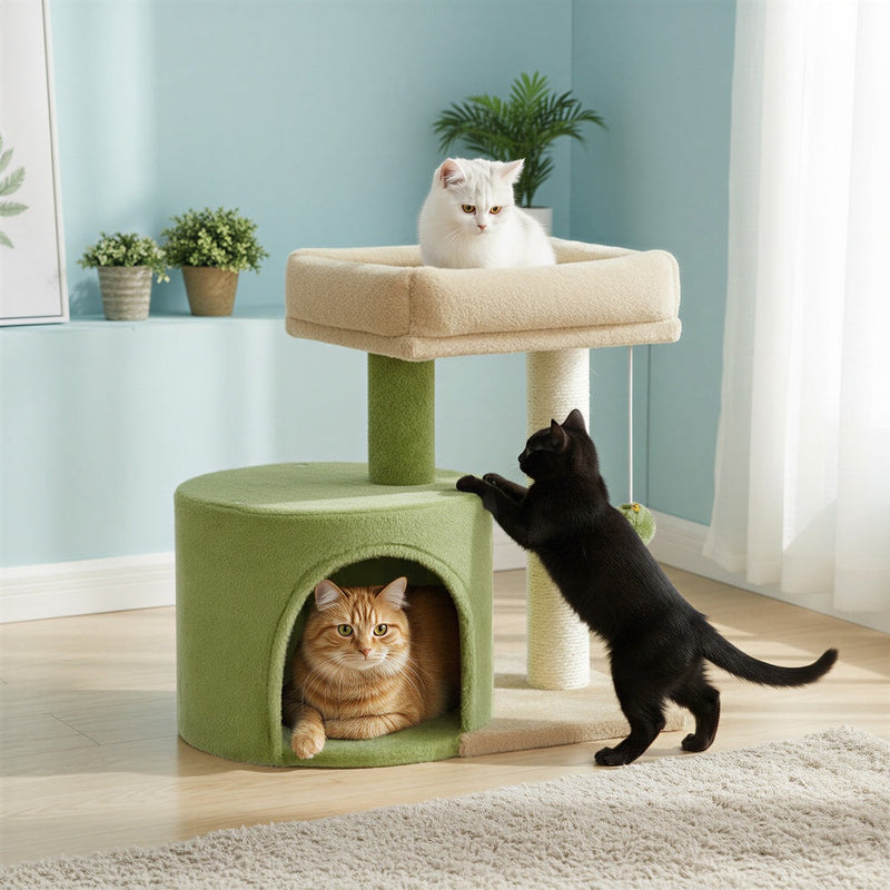 Black cat batting the hanging pompom ball while a ginger cat looks out of the green condo