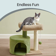 Grey and white cat sitting on the camel brown top bed of the green cat tree on a wooden floor