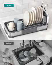 Before and after comparison of a cluttered sink of dishes against the same dishes tidy in the rack