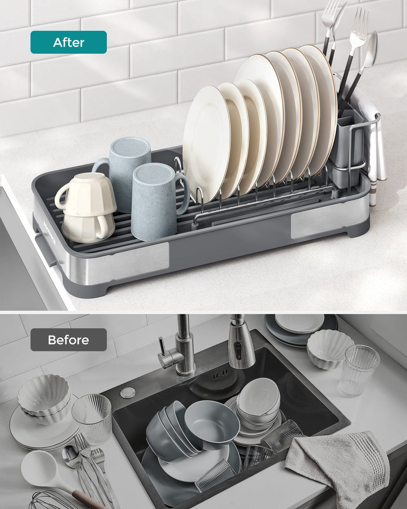 Before and after comparison of a cluttered sink of dishes against the same dishes tidy in the rack