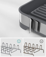 Close-up of the rack's swivel drainage spout, above a comparison of bright steel wire against rusted wire